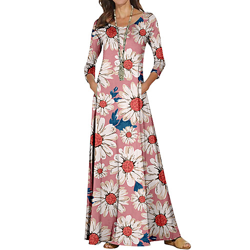 

Women's Sheath Dress Maxi long Dress Blue Blushing Pink Long Sleeve Floral Color Block Print Fall Spring Round Neck Casual 2021 S M L XL XXL 3XL