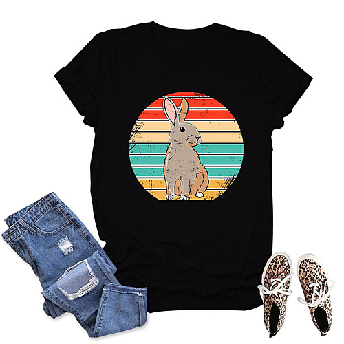 

Women's T shirt Striped Graphic Animal Print Round Neck Tops Cotton Basic Basic Top White Black Blue