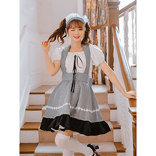 

Lolita Maid Uniforms Cute Dress Women's Girls' Japanese Cosplay Costumes Black Plaid / Check Short Sleeve Above Knee / Apron