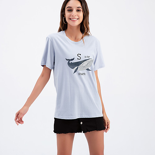 

Women's T shirt Letter Print Round Neck Tops Cotton Basic Basic Top White Black Purple