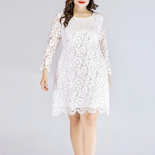 

Women's Solid Color Lace Casual Long Sleeve Fall Knee Length Dress Shift Dress White Red