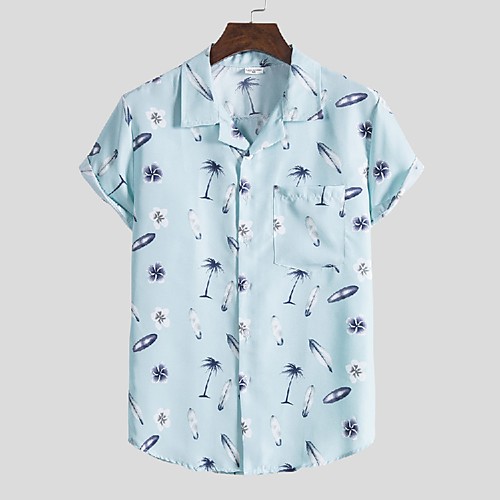 

Men's Shirt Other Prints Tree Print Short Sleeve Casual Tops Beach Tropical Light Blue