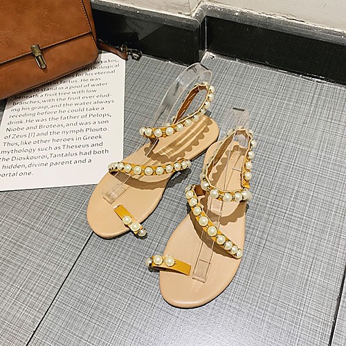

Women's Sandals Boho Bohemia Beach Flat Heel Round Toe Flat Sandals Casual Daily Walking Shoes Microfiber Pearl Solid Colored Golden