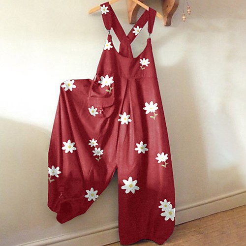 

whear women's floral print wide leg jumpsuits racer back strappy harem pants overalls casual loose trousers with pocket (red,3x-large)