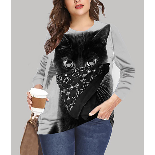 

Women's Plus Size Print Cat Graphic Animal T shirt Large Size Crewneck Long Sleeve Tops XL XXL 3XL Blue Beige Gray Big Size