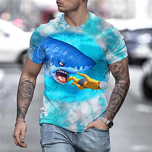 

Men's Tees T shirt 3D Print Graphic Prints Shark Animal Print Short Sleeve Daily Tops Casual Designer Big and Tall Blue