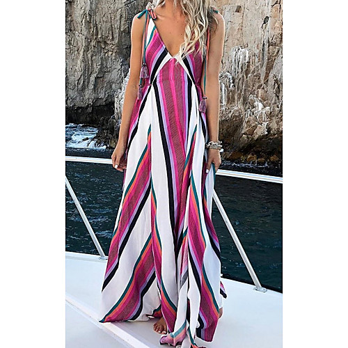 

Women's A Line Dress Maxi long Dress Blushing Pink Sleeveless Striped Solid Color Print Spring Summer V Neck Casual 2021 S M L XL XXL 3XL