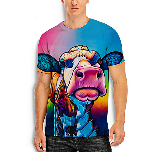 

Men's Tees T shirt 3D Print Graphic Prints Cow Animal Print Short Sleeve Daily Tops Basic Casual Rainbow