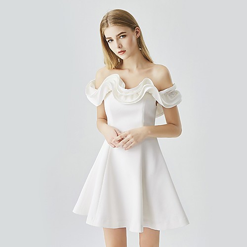 

A-Line Minimalist Elegant Homecoming Cocktail Party Dress Off Shoulder Short Sleeve Short / Mini Satin with Ruffles 2021