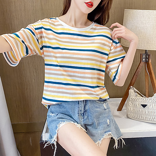 

Women's Tee / T-shirt Stripe Crew Neck Stripes Sport Athleisure Top Short Sleeves Breathable Soft Comfortable Everyday Use Casual Daily Outdoor