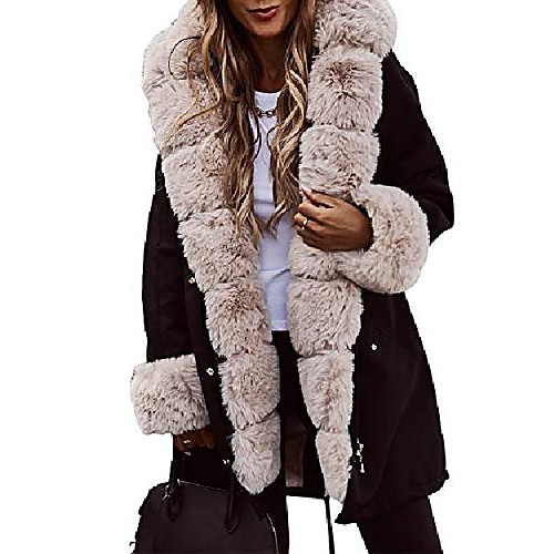 

women winter coat hooded warm thicken parka jacket with faux fur (black-beige,medium)