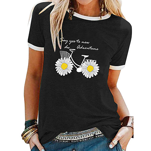 

Women's T shirt Floral Flower Round Neck Tops Basic Top Black Purple Yellow