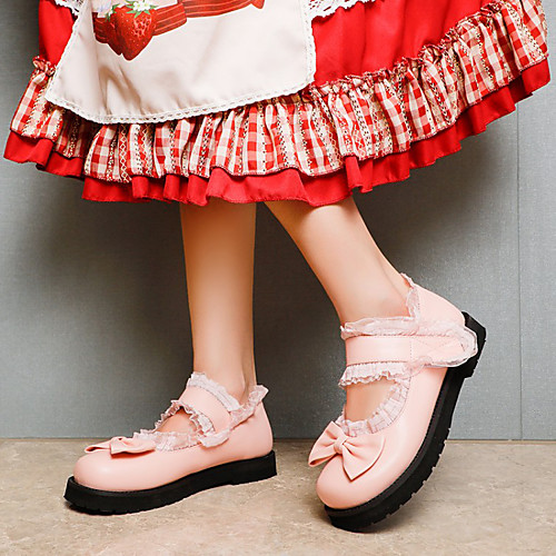 

Women's Lolita Shoes Flat Heel Round Toe Lace PU Bowknot Lace Solid Colored White Black Pink