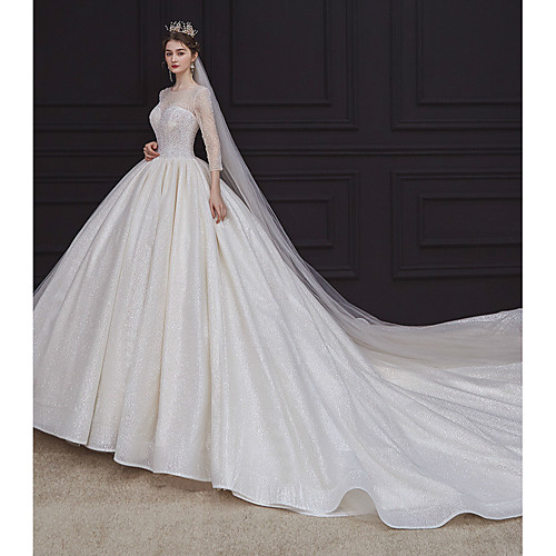 

Princess Ball Gown Wedding Dresses Jewel Neck Chapel Train Lace Tulle Sequined Long Sleeve Formal Romantic Luxurious Sparkle & Shine with Beading Sequin 2021