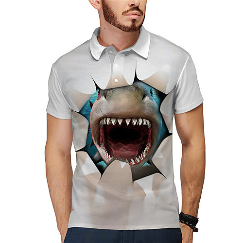 

Men's Polo 3D Print Graphic Prints Shark Animal Button-Down Print Short Sleeve Daily Tops Casual Designer Big and Tall Gray