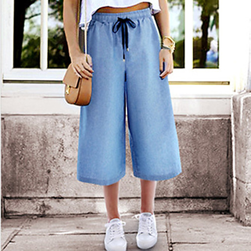 

Women's Streetwear Chino Comfort Casual Weekend Wide Leg Pants Plain Ankle-Length Pocket Elastic Drawstring Design Dark Blue Light Blue