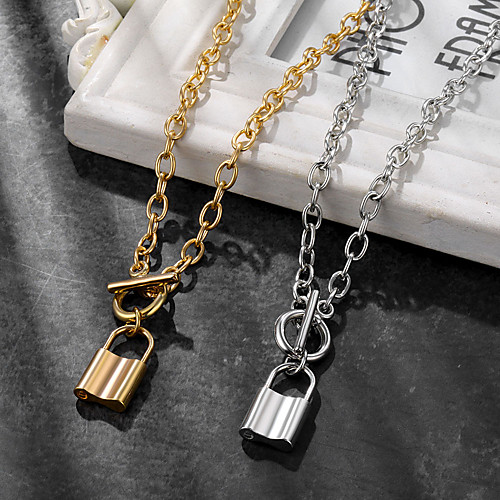 

lock necklace lock key pendant necklace long chain punk multilayer statement choker necklace for women men boy girls (a-steel color, simple type)