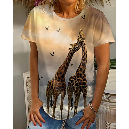 

Women's T shirt Graphic 3D Giraffe Print Round Neck Tops Basic Basic Top Yellow