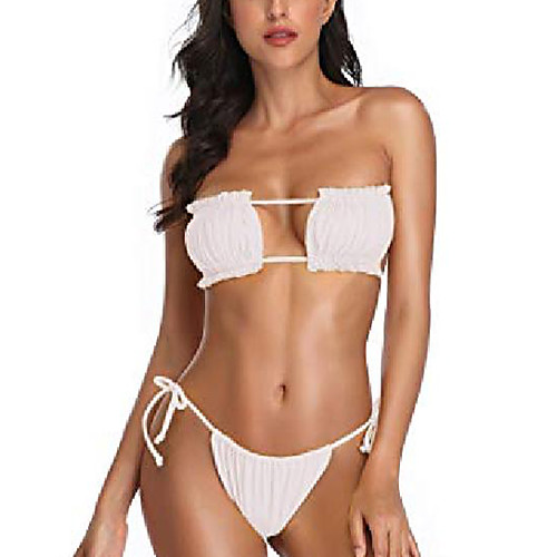

hiladies womens two-pieces sexy cheeky bikini set swimsuit ribbed lace up bandeau swimwear (white, small)