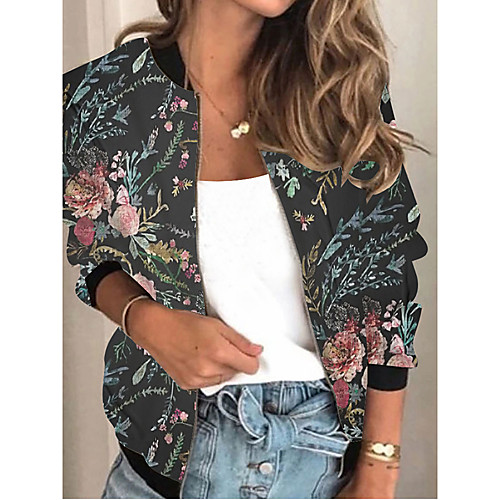 

Women's Plants Print Active Spring & Fall Jacket Regular Daily Long Sleeve Air Layer Fabric Coat Tops Black