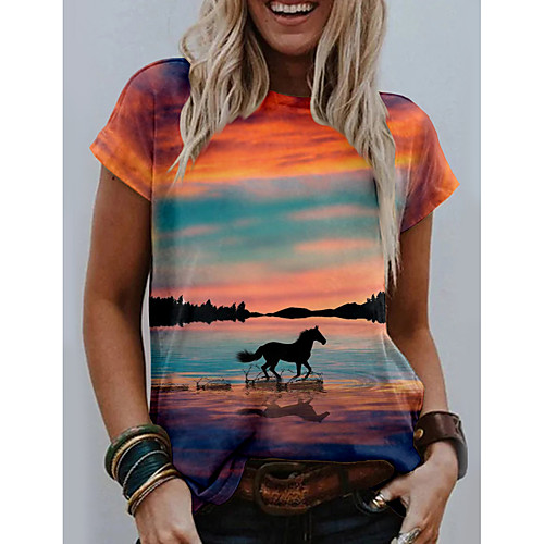 

Women's T shirt Graphic Scenery 3D Print Round Neck Tops Basic Beach Basic Top Yellow Orange Green