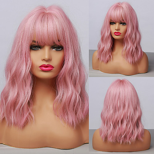 

Synthetic Wig Water Wave Asymmetrical Neat Bang Wig 14 inch PinkRed Synthetic Hair Women's Cosplay Party Fashion Pink