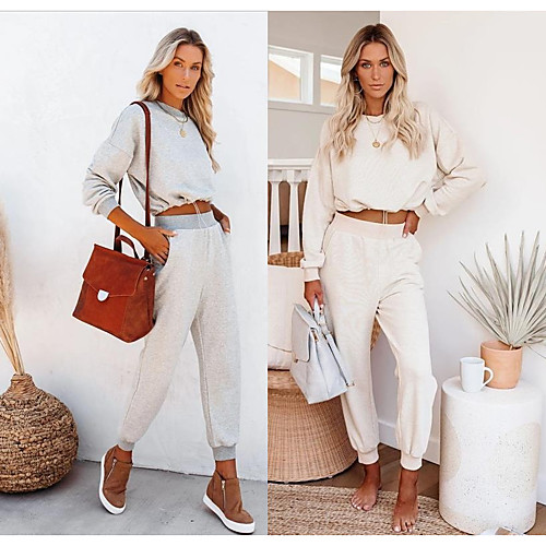 

Women's 2 Piece Tracksuit Sweatsuit Casual Athleisure 2pcs Winter Long Sleeve High Waist Thermal Warm Moisture Wicking Breathable Fitness Running Jogging Exercise Sportswear Solid Colored Light Grey