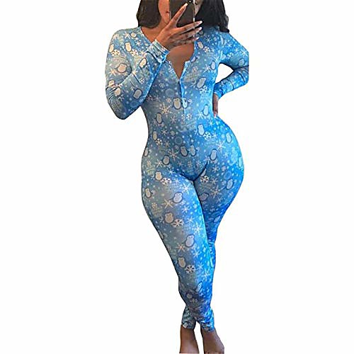

women 's ladies christmas long sleeve jumpsuit slim fit bodysuit deep v-neck print sleepwear pajama (light blue, s)