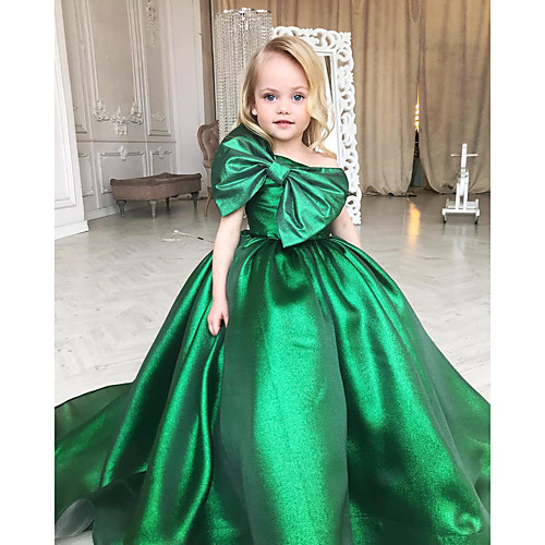 

Princess / Ball Gown Sweep / Brush Train Wedding / Party Flower Girl Dresses - Taffeta Short Sleeve One Shoulder with Bow(s)