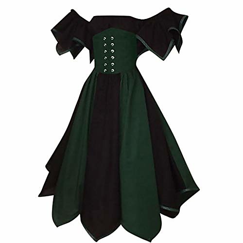 

yoyorule women casual top & dress women's vintage short petal sleeve slash-neck medieval dress cosplay dress navy