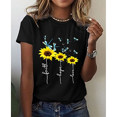 

Women's T shirt Graphic Floral Print Round Neck Tops Basic Basic Top White Black