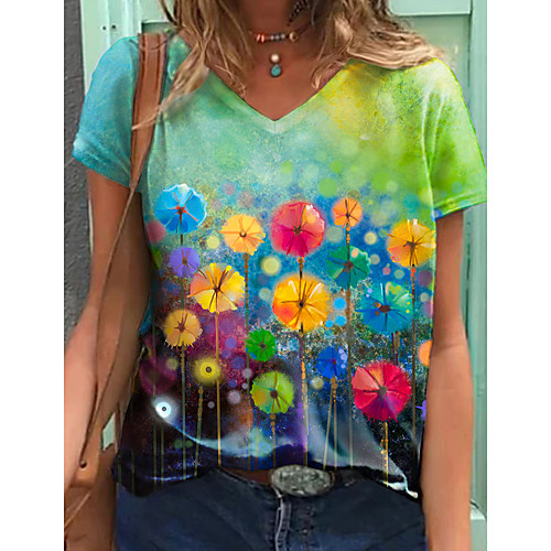 

Women's T shirt Graphic Dandelion Print V Neck Tops Basic Basic Top Green