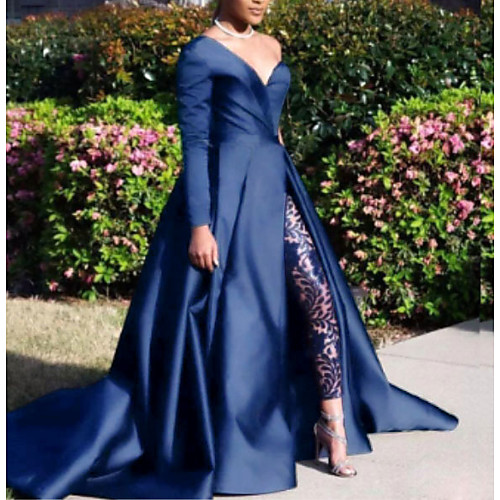 

A-Line Sexy Prom Formal Evening Dress V Neck Long Sleeve Court Train Lace Satin with Overskirt Split Front 2021