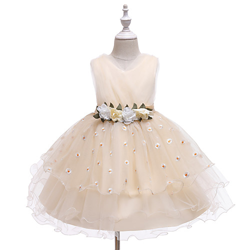 

Ball Gown Knee Length Wedding / Event / Party Flower Girl Dresses - Tulle / Polyester Sleeveless V Neck with Pattern / Print / Ruching / Flower