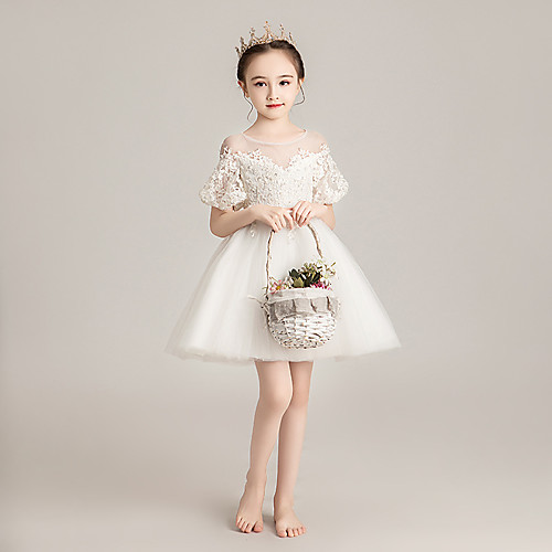 

Princess Short / Mini Event / Party / First Communion Flower Girl Dresses - Tulle Short Sleeve Illusion Neck / Jewel Neck with Beading / Appliques / Solid