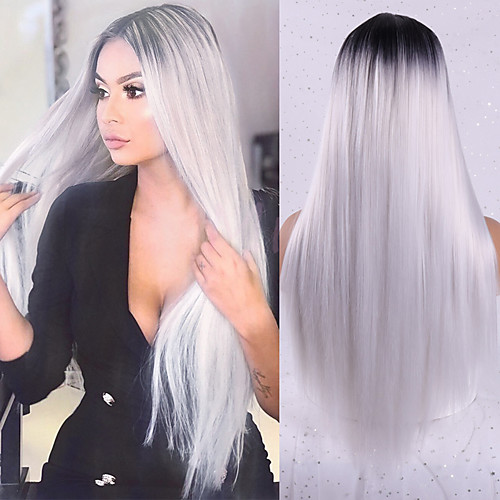 Gray Wigs for Women Synthetic Wig Natural Straight Middle Part Wig Medium Length Synthetic Hair Women's Cosplay Middle Part Party Black White, lightinthebox  - buy with discount