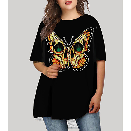 

Women's Plus Size Graphic Butterfly Skull Print Basic Half Sleeve Fall Short Mini Dress T Shirt Dress Tee Dress Black