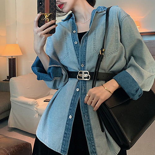 

Women's Solid Colored Basic Spring & Fall Denim Jacket Regular Daily Long Sleeve Denim Coat Tops Blue