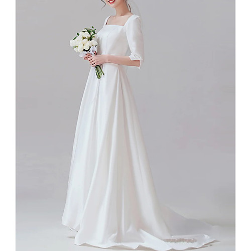 

A-Line Wedding Dresses Square Neck Floor Length Satin Short Sleeve Simple Vintage Little White Dress with Pleats 2021