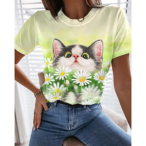 

Women's T shirt Cat Graphic 3D Print Round Neck Tops Basic Basic Top Blue Yellow Green