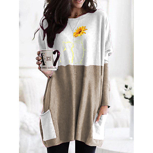 

Women's T shirt Graphic Floral Animal Long Sleeve Pocket Round Neck Tops Basic Basic Top Black Orange Khaki