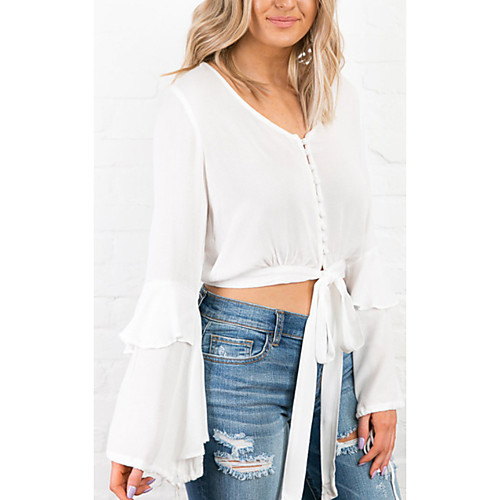 

Women's Swimsuit Cover Up Beach Top Swimsuit Front Tie Chiffon Solid Color White Swimwear Crop Top T shirt Scoop Neck Bathing Suits New Fashion Sexy