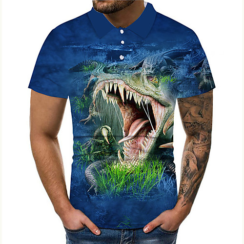 

Men's Polo 3D Print Graphic Prints Dinosaur Button-Down Print Short Sleeve Casual Tops Casual Designer Big and Tall Blue