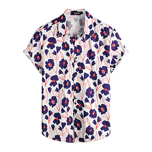 

Men's Shirt Floral Short Sleeve Daily Tops 100% Cotton Basic Boho White / Navy