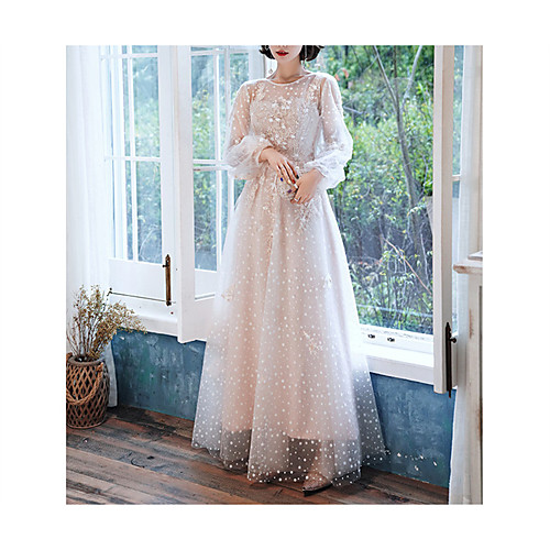 

A-Line Jewel Neck Floor Length Tulle Bridesmaid Dress with Lace / Pleats