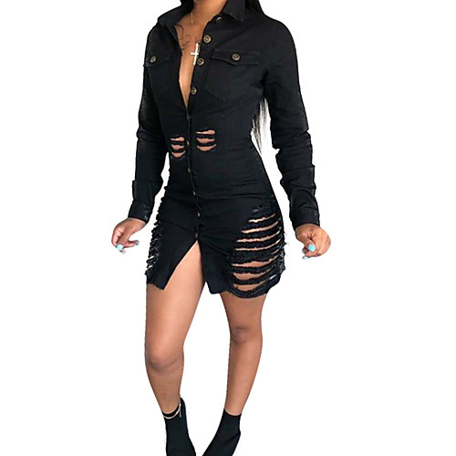 

Women's Denim Dress Short Mini Dress Black Blue Long Sleeve Solid Color Patchwork Hollow To Waist Summer Shirt Collar Casual 2021 S M L XL XXL