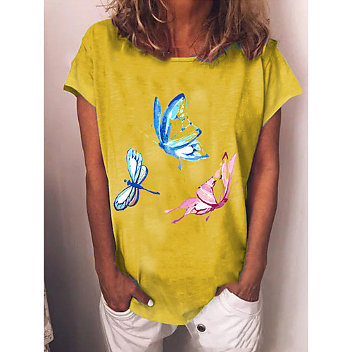 

Women's Plus Size Print Butterfly T shirt Large Size Crewneck Short Sleeve Basic Tops S M L Blue Yellow Gray Big Size / Cotton / Cotton