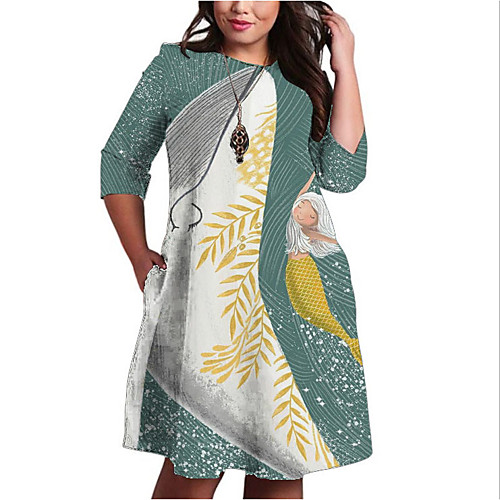 

Women's Plus Size Print Color Block Animal Print Casual 3/4 Length Sleeve Fall Knee Length Dress Shift Dress Blue