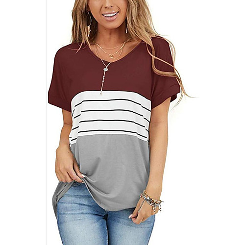 

Women's T shirt Color Block Round Neck Tops Hawaiian Basic Top Black Blue Blushing Pink
