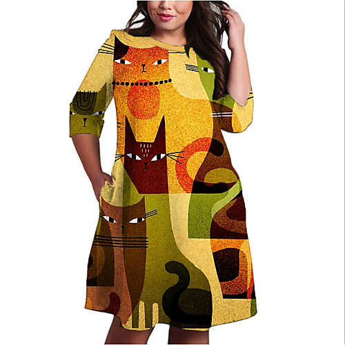 

Women's Plus Size Dresses Shift Dress Knee Length Dress 3/4 Length Sleeve Cat Color Block Animal Print Casual Fall Orange XL XXL 3XL 4XL 5XL / Holiday